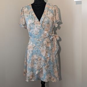 Blue Rain Midi Wrap Dress with Flutter Sleeves in Blue and Cream